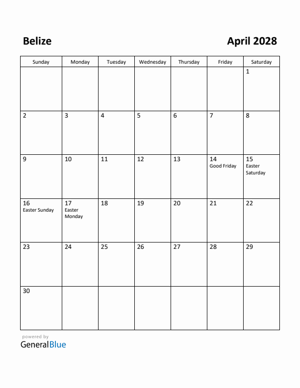 April 2028 Calendar with Belize Holidays