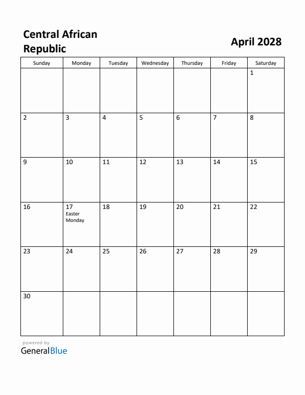 April 2028 Calendar with Central African Republic Holidays