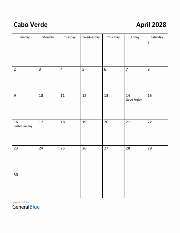 April 2028 Calendar with Cabo Verde Holidays