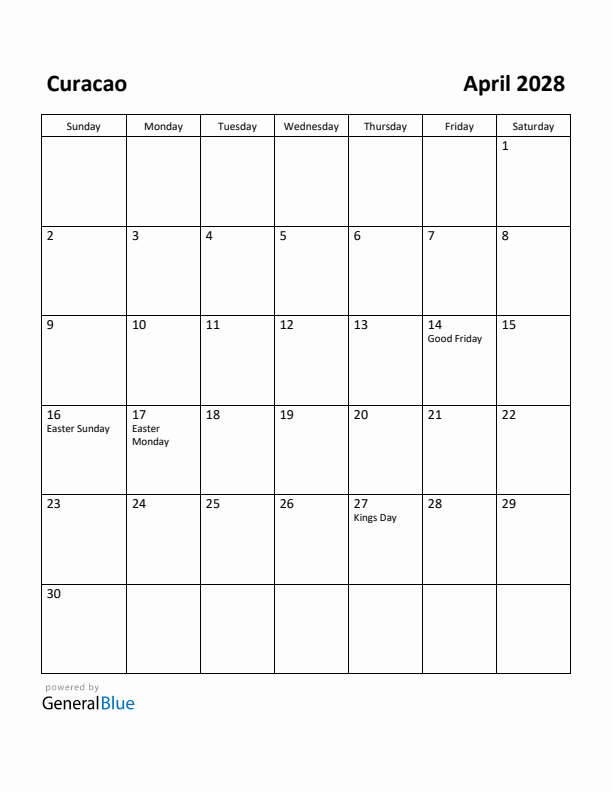April 2028 Calendar with Curacao Holidays