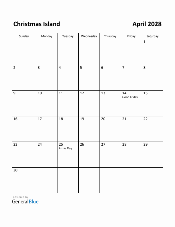 April 2028 Calendar with Christmas Island Holidays