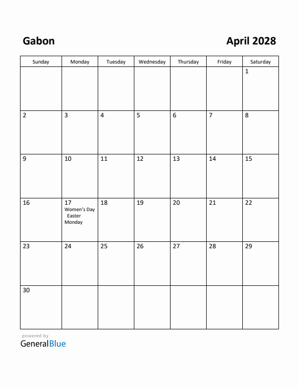 April 2028 Calendar with Gabon Holidays