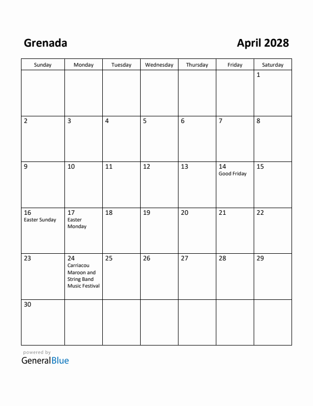 April 2028 Calendar with Grenada Holidays