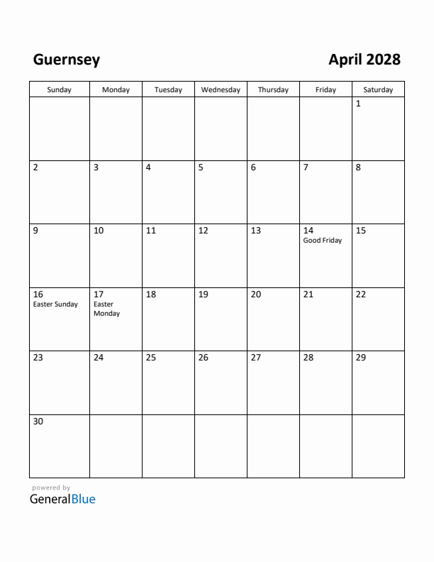 April 2028 Calendar with Guernsey Holidays