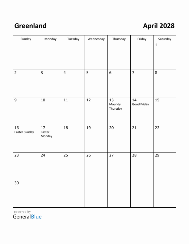 April 2028 Calendar with Greenland Holidays