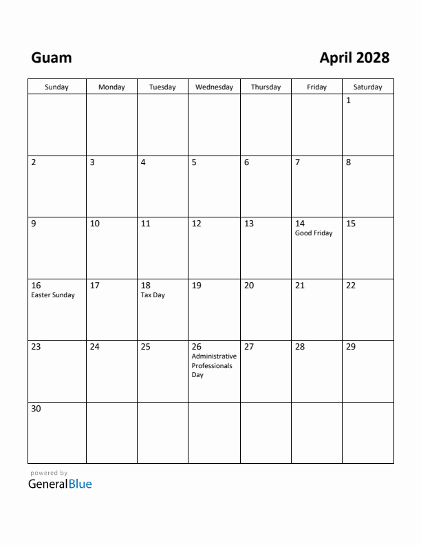 April 2028 Calendar with Guam Holidays