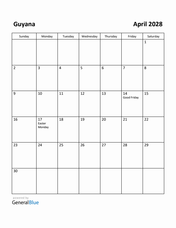 April 2028 Calendar with Guyana Holidays