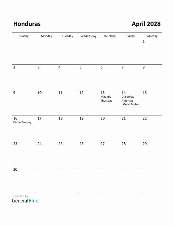 April 2028 Calendar with Honduras Holidays