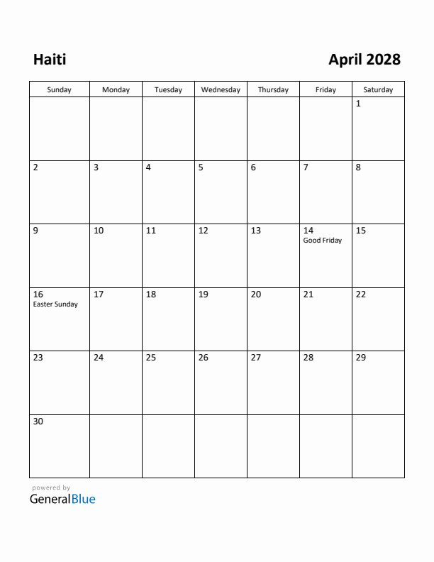 April 2028 Calendar with Haiti Holidays