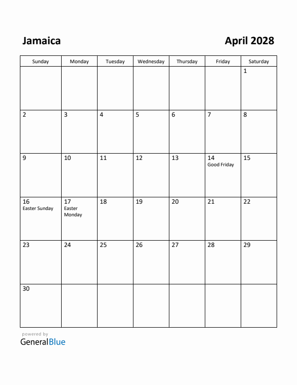 April 2028 Calendar with Jamaica Holidays