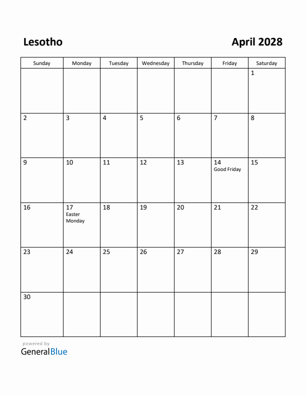 April 2028 Calendar with Lesotho Holidays