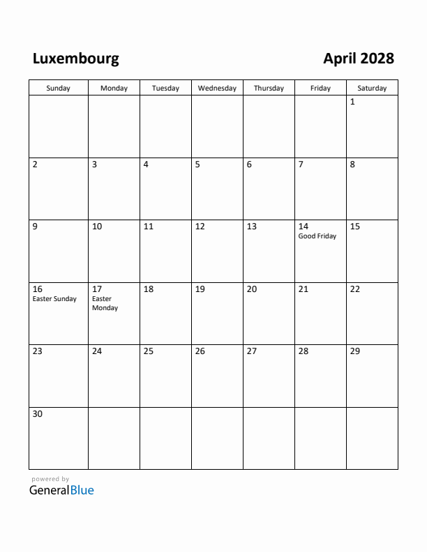 April 2028 Calendar with Luxembourg Holidays