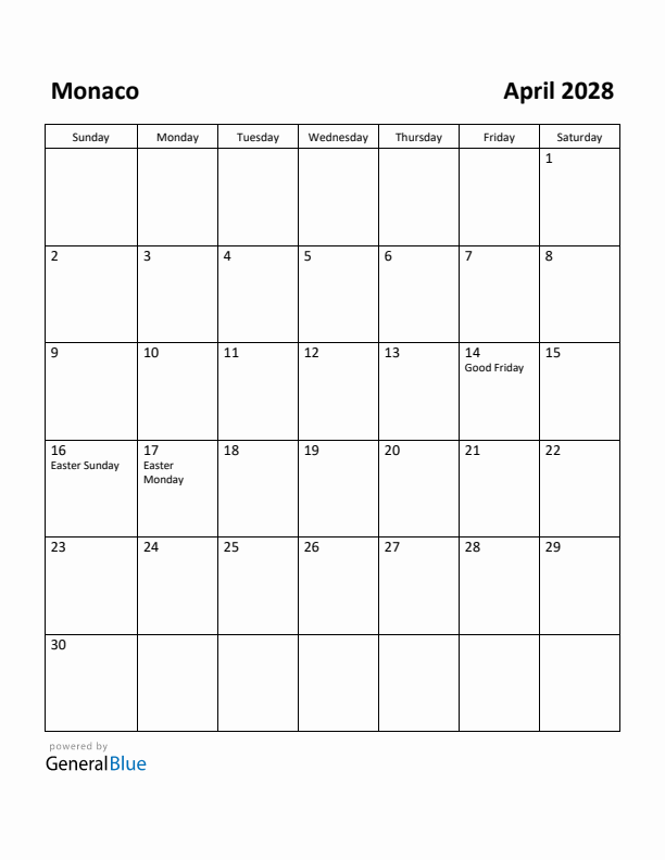 April 2028 Calendar with Monaco Holidays