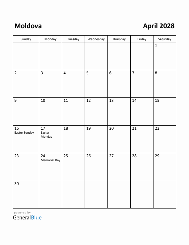 April 2028 Calendar with Moldova Holidays