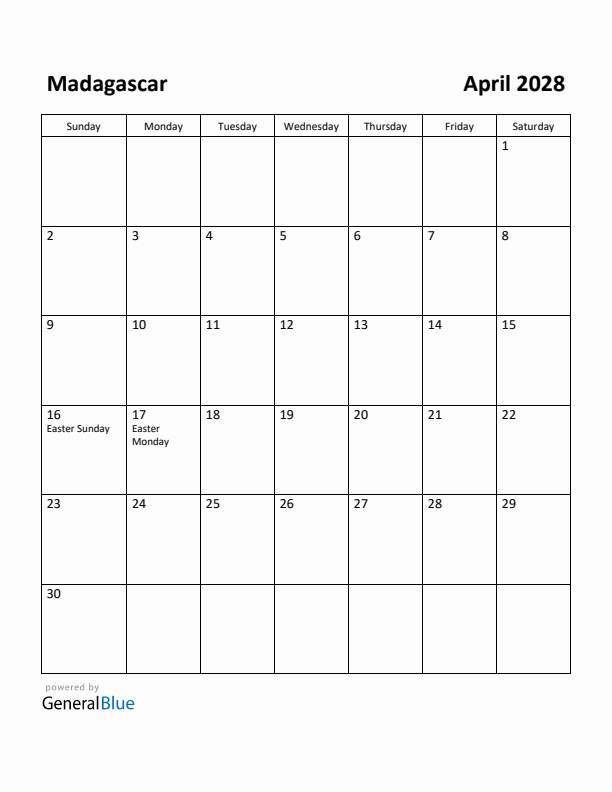 April 2028 Calendar with Madagascar Holidays
