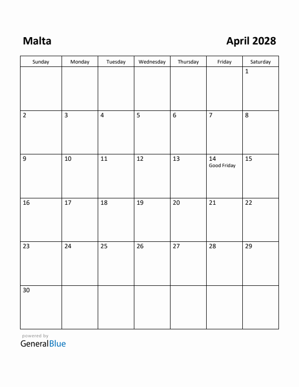 April 2028 Calendar with Malta Holidays