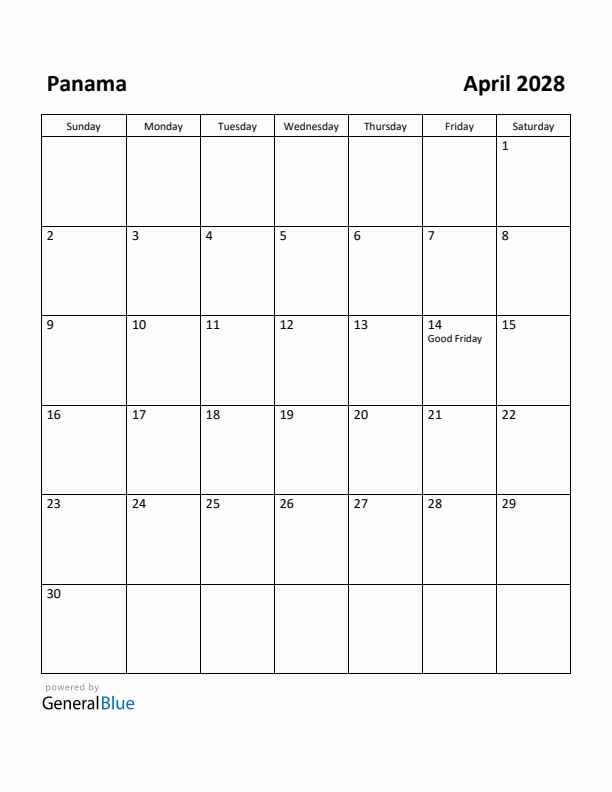 April 2028 Calendar with Panama Holidays