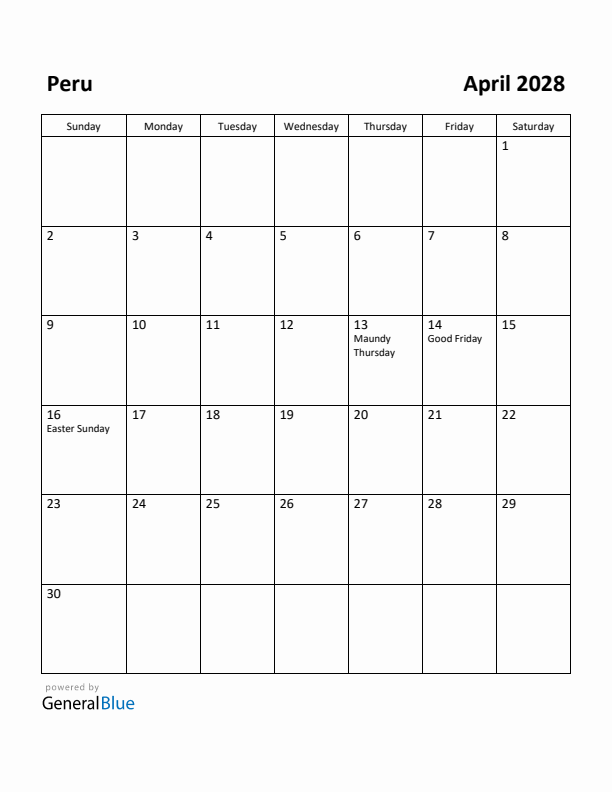 April 2028 Calendar with Peru Holidays