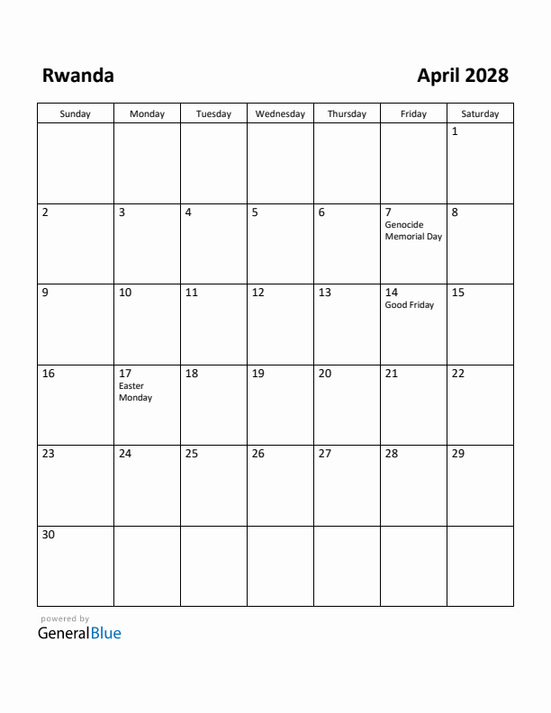 April 2028 Calendar with Rwanda Holidays