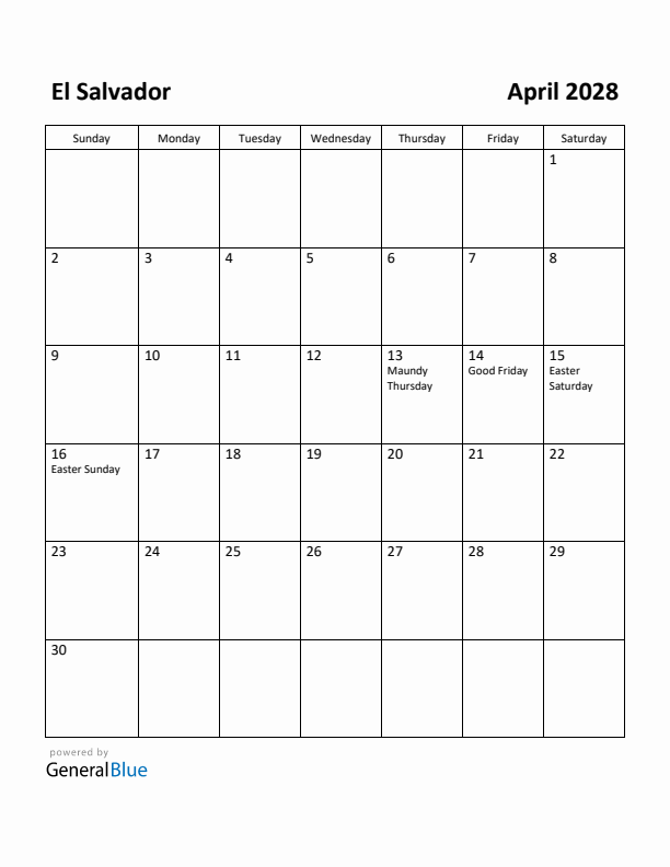 April 2028 Calendar with El Salvador Holidays
