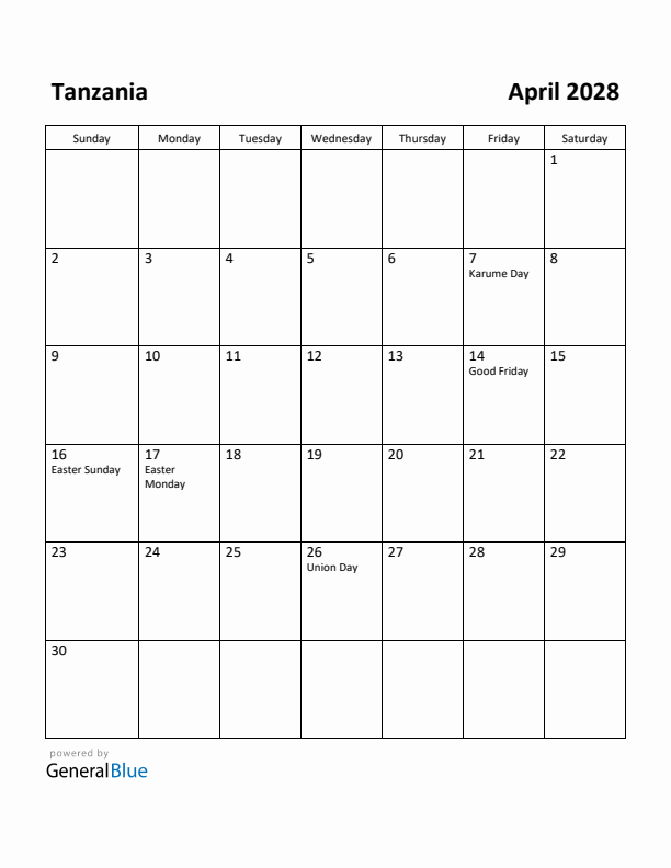 April 2028 Calendar with Tanzania Holidays