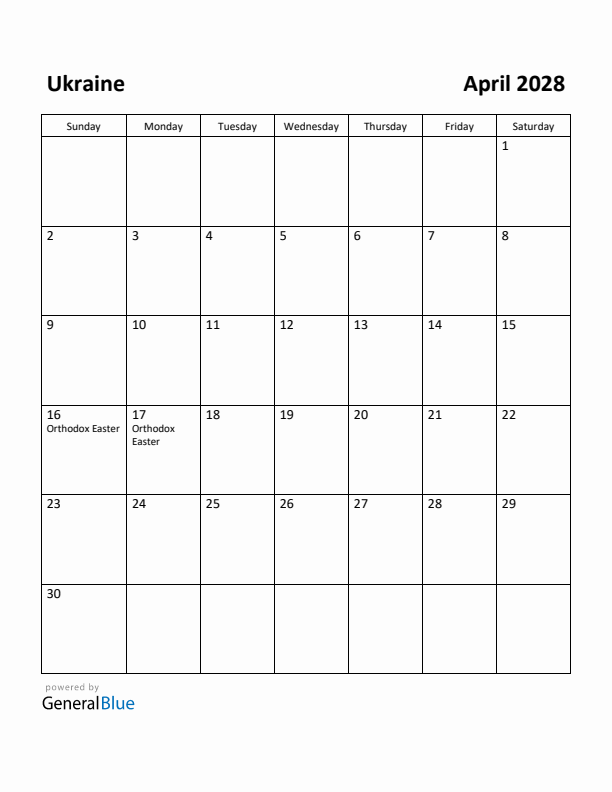 April 2028 Calendar with Ukraine Holidays