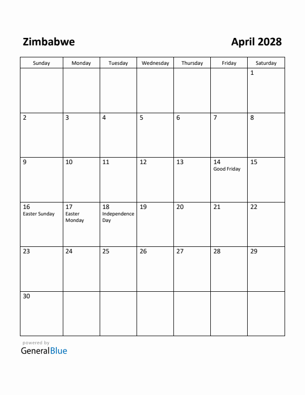 April 2028 Calendar with Zimbabwe Holidays