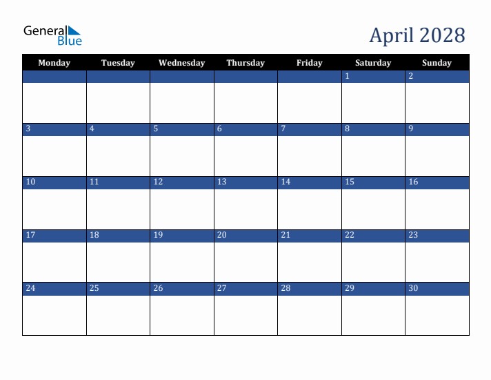 Monday Start Calendar for April 2028