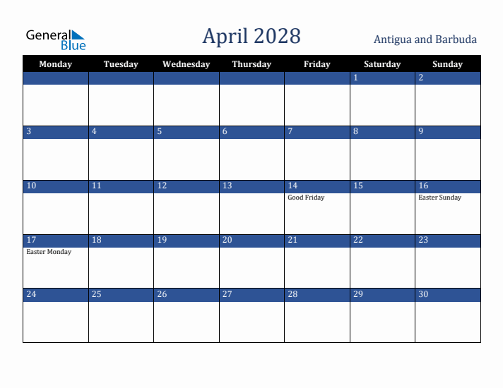 April 2028 Antigua and Barbuda Calendar (Monday Start)