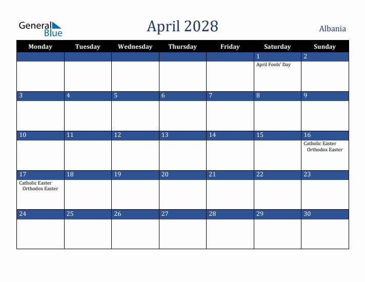 April 2028 Albania Calendar (Monday Start)