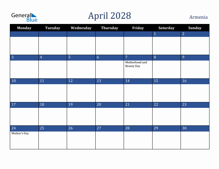 April 2028 Armenia Calendar (Monday Start)