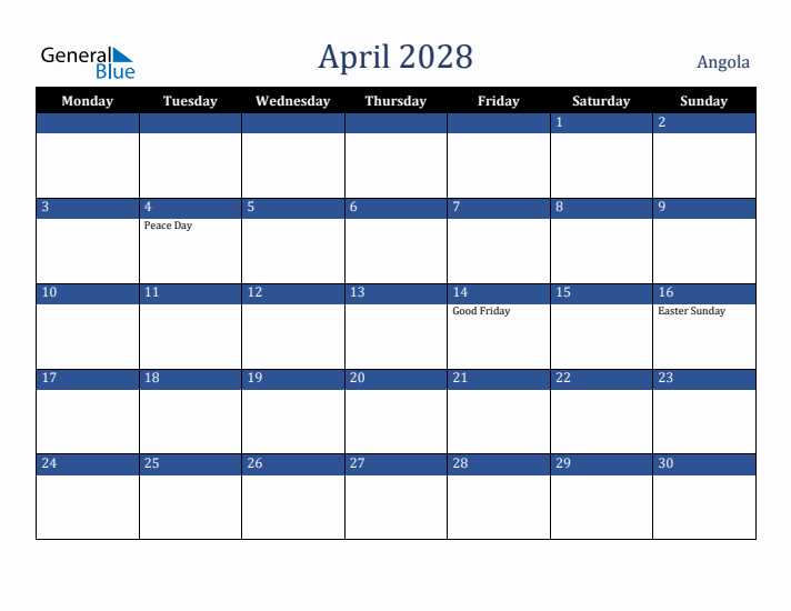 April 2028 Angola Calendar (Monday Start)