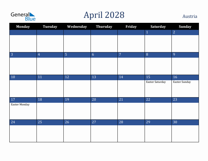 April 2028 Austria Calendar (Monday Start)