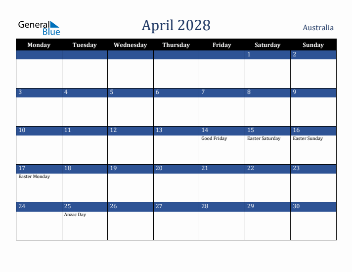 April 2028 Australia Calendar (Monday Start)