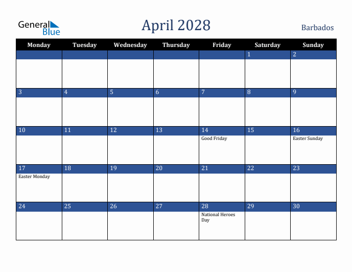 April 2028 Barbados Calendar (Monday Start)
