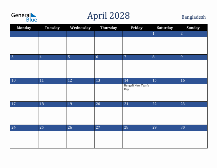 April 2028 Bangladesh Calendar (Monday Start)