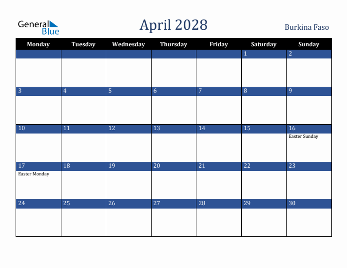 April 2028 Burkina Faso Calendar (Monday Start)