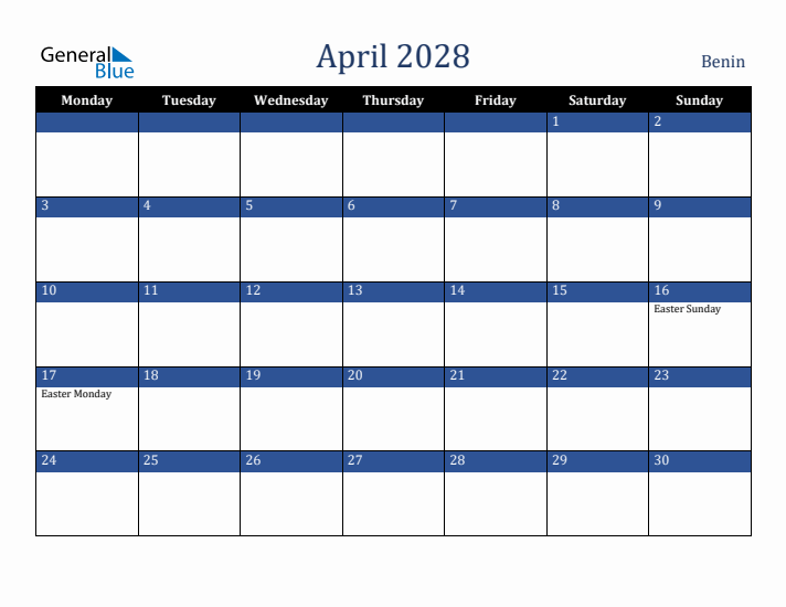 April 2028 Benin Calendar (Monday Start)