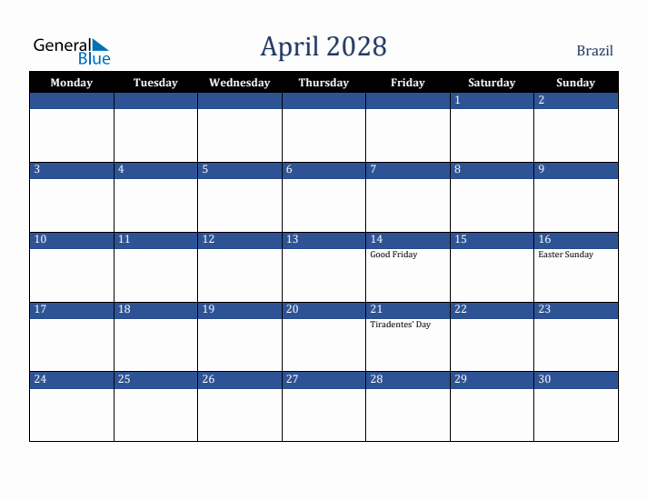 April 2028 Brazil Calendar (Monday Start)