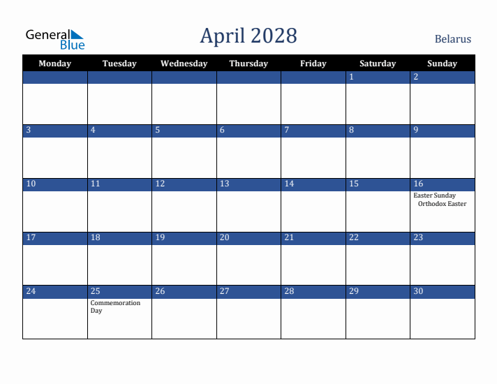 April 2028 Belarus Calendar (Monday Start)