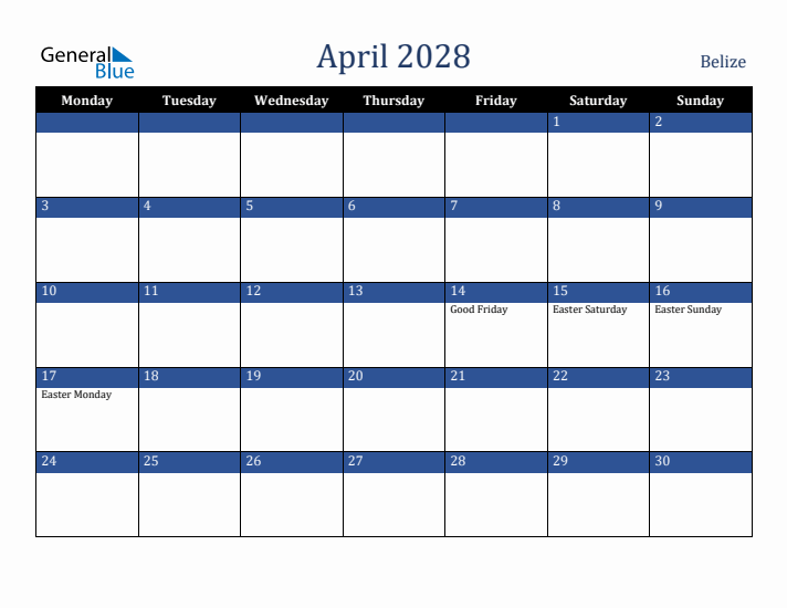 April 2028 Belize Calendar (Monday Start)