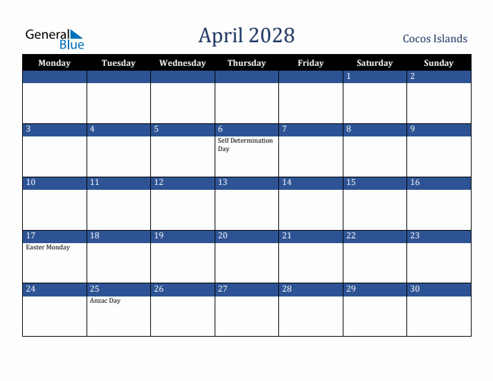 April 2028 Cocos Islands Calendar (Monday Start)