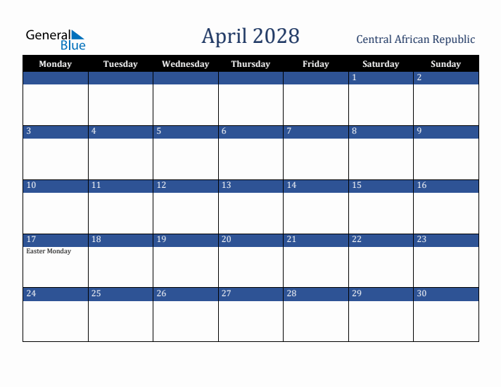 April 2028 Central African Republic Calendar (Monday Start)