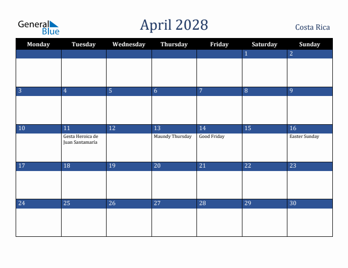 April 2028 Costa Rica Calendar (Monday Start)