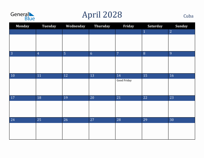 April 2028 Cuba Calendar (Monday Start)