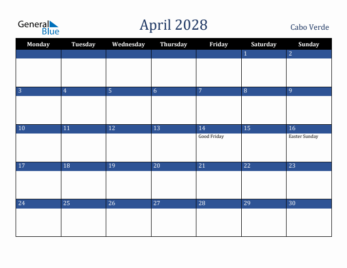 April 2028 Cabo Verde Calendar (Monday Start)