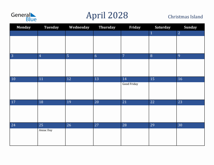 April 2028 Christmas Island Calendar (Monday Start)