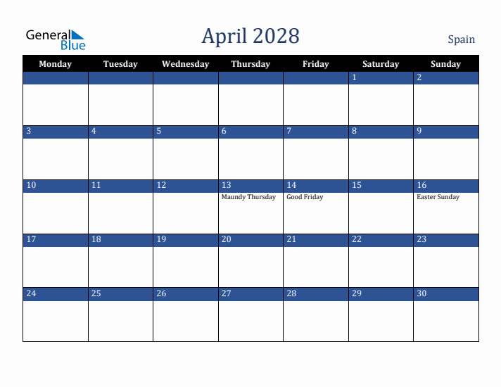 April 2028 Spain Calendar (Monday Start)