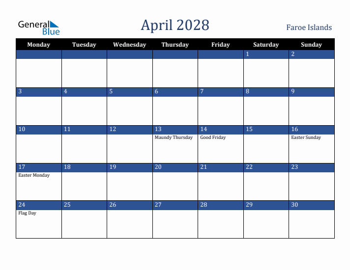 April 2028 Faroe Islands Calendar (Monday Start)