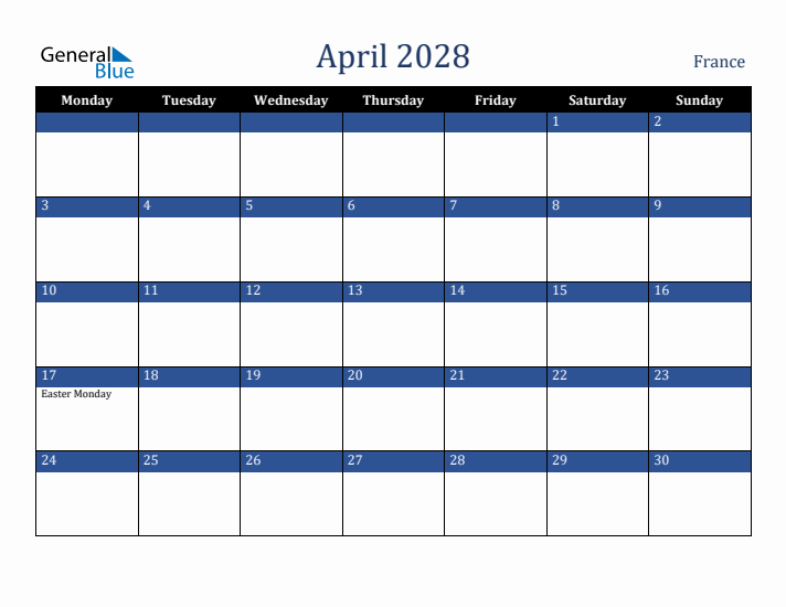 April 2028 France Calendar (Monday Start)